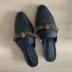 Kurt Geiger (London) black and gold leather mules